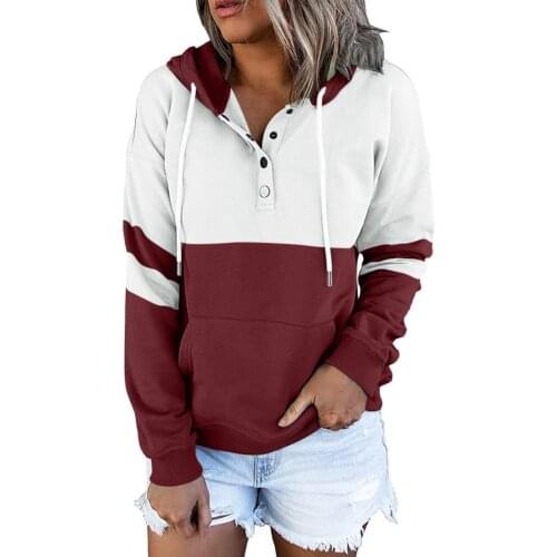 Patchwork Print Women Hoodies Long Sleeve Tops Pullover V Neck Button Pocket Casual Streetwear Daily Vintage Clothes for Autumn