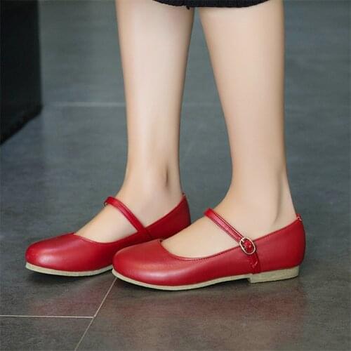 AGODOR Spring casual Flats Women Shoes Flat Mary Janes Shoes Buckle Round Toe School Shoes Lady Red New Plus Size 33-43