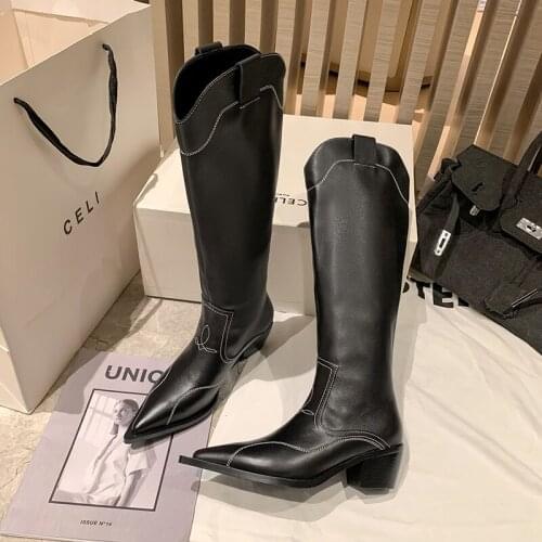 2021 Real Leather High Heel Western Boots Women Long Boots Shoes Pointed Toe Motorcycle boots Knee High Boots Autumn Winter