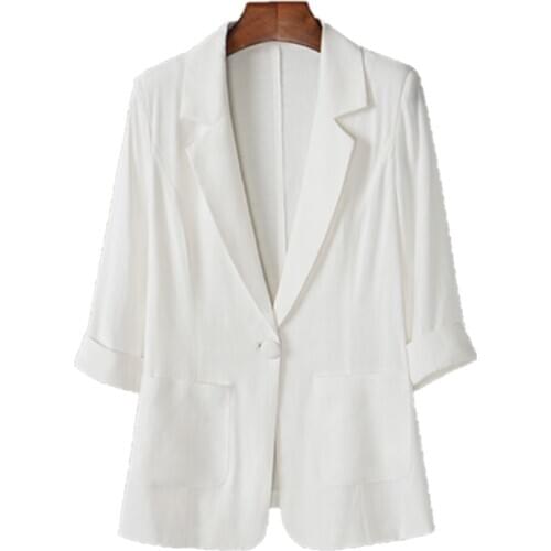 Summer Linen White Blazer Womens Plus Sizes Long Black Pink Blazers Turn-down Collar Jacket Outerwear Solid Slim Black Casual