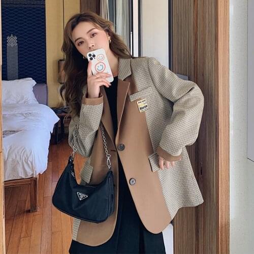 Advanced stitching plaid suit jacket female spring and autumn design sense niche new casual fried street suit jacket