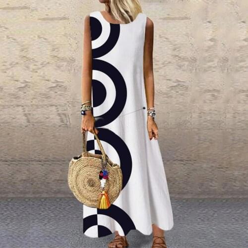 Women Vintage Maxi Dress 2021 Summer Elegent Sundress O-Neck Sleeveless Print Summer Party Beach Sling Halter Maxi Long Dress