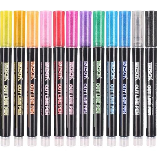 12 pcs Metallic Glitter Out Line Marker Art Pens Watercolor Kids Drawing Stationery Pen Highlighter Outline Star Greeting Maker