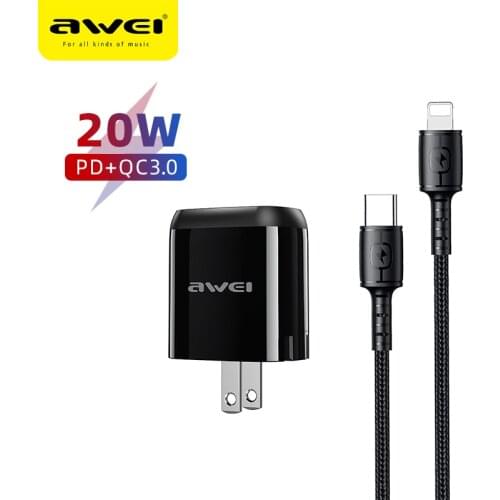 Awei 20W PD & QC 3.0 20W Quick Phone Charger EU US UK Travel Wall Charging For iPhone 12 Pro Xiaomi