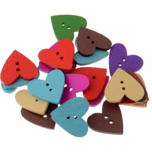 Free Shipping 50Pcs Wood 2 Hole Heart Buttons Mixed Color Design Decoration Clothing Accessories Sewing Buttons 24x23mm