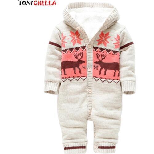 Baby Rompers Warm Thick Clothes Winter Knitted Sweater Newborn Boy Girls Climbing Jumpsuit Christmas Deer Hooded Outwear CL5008