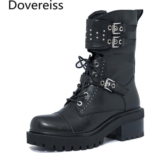 Dovereiss Fashion Womens Shoes Winter Concise Mature Pure color Cross tied Round toe flats Matin boots Short boots Buckle 34-39