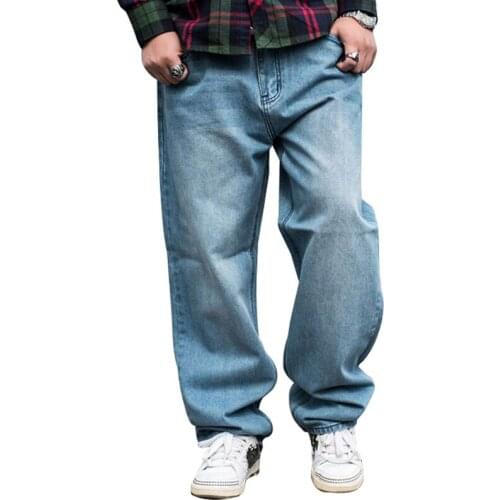 New Men Jeans Loose Denim Pants Straight Baggy Fashion Streetwear Hip Hop Skateboard Light Blue Wide Leg Trousers Large Size 46