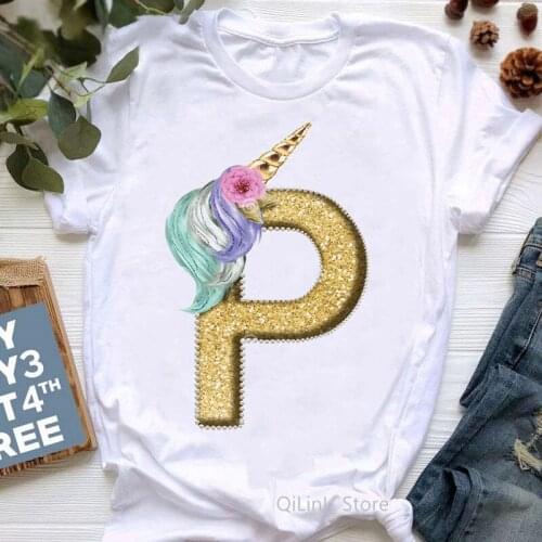 Female T-Shirt Cute Floral Unicorn Gliter Alphabet Print T Shirt Women Supmmer Top Girl Student Clothes White DIY Custom Tshirt