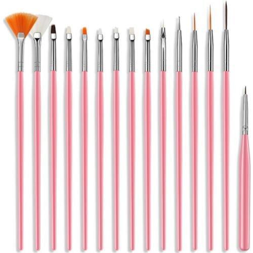 15Pcs Nail Art Brush Liner Dotting Fan Design Acrylic Builder Flat Crystal Painting Drawing Carving Pen UV Gel Manicure Tool Set
