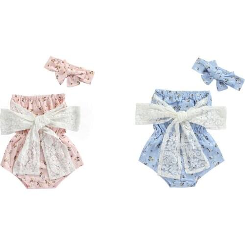 2Pcs Fashionable Baby Girls Outfit, Sweet Style Summer Floral Print Bow Decoration Strapless Sleeveless Romper + Headwear 0-24M
