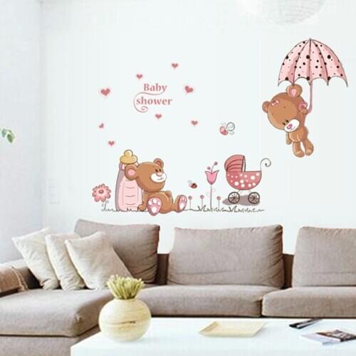 Lovely Umbrella Bottle Bear Cartoon Wall Stickers Kids Room Baby Bedroom Warobe Decoration Removable Kawaii Vinyl Mural Decals