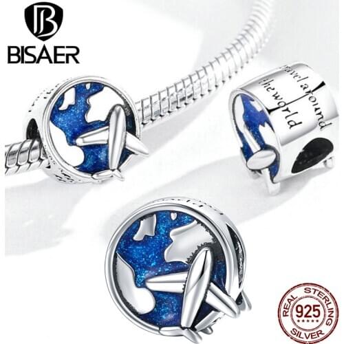 BISAER Airplane to Travel Beads 925 Sterling Silver Blue Enamel Round Charms Fit Bracelet Necklace Pendant Jewelry ECC1568