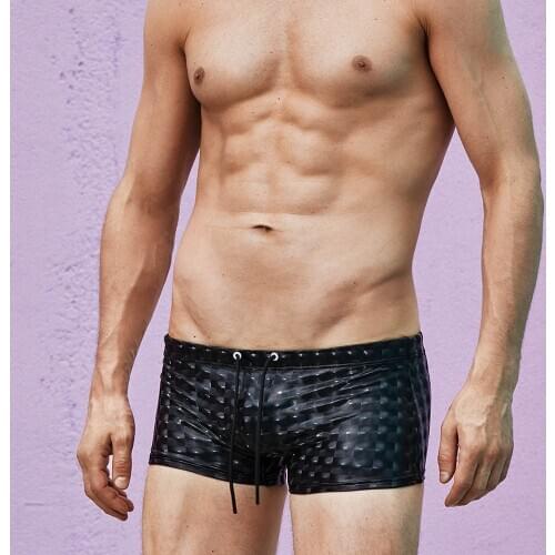 Swimsuit Black Swimming Trunks Fashion 3D Reflective Beach Lace-up Shorts Men Surfing Bathing Leather Boxer Sunga Mature Man