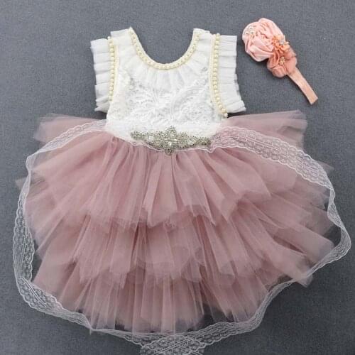 Summer Pearl Princess Girls Dress 1St Birthday Party Toddler Lace Flying Kids Children Tutu Dresses Clothing With Sashes Hair