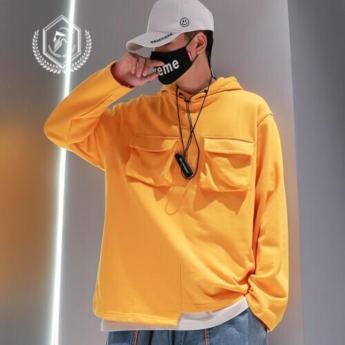 Men Fashion Loose Solid Casual Pockets Pullover Hip Hop Sweatshirts