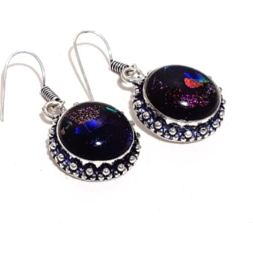 Fancy Dichroic Glass , Silver Overlay on Copper Earrings , 41 mm , E4565
