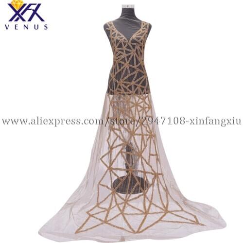 XFX VENUS New Long patches Beaded crystal applique Strip style beaded applique V neck for Lady wedding dress accessories