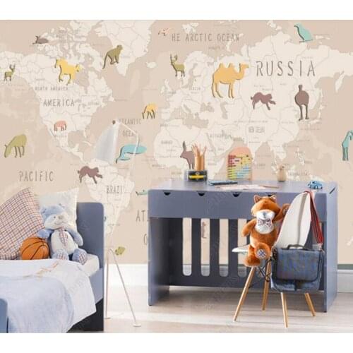 Papel de parede Hand drawn cartoon animal world map childrens room 3D wallpaper mural,living room home decor