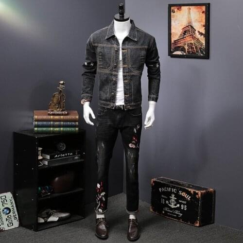 Autumn new mens denim suit fashion handsome embroidered denim jacket youth loose jacket two-piece