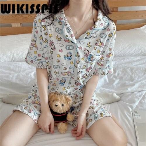 WIKISSPJS 2021 Cartoon Pajamas Cardigan Summer Casual Comfortable Lapel Short Sleeve Suit Sweet Lovely Home Clothes Sleep Tops