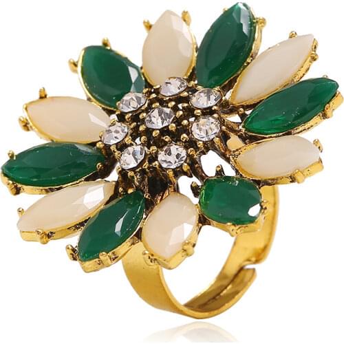 Exaggerated White Green Flower Shaped Chunky Adjustable Ring for Women Antiqued Gold Color Knuckle Rings Boho Jewelry