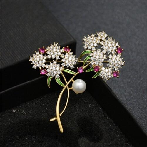 Luxury Beautiful Zirconias Flower Brooches Pins Women Jewelry Freshwater Pearl Broach Wedding Bouquet Pin brosche femme bijoux
