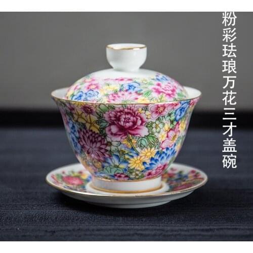 Shunda Painted Enamel Cover Teacup Ceramic Tea Bowl Saucer Large Three-Piece Set Kung Fu Tea Set Chinese Retro Style Handmade