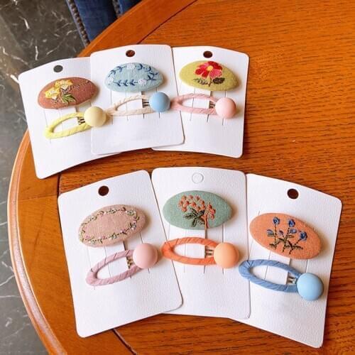 QCOOLJLY 2Pcs Children Hairpins Simple Fashion Colorful Embroidery Flower Clip for Sweet Girl Princess Hair Accessories