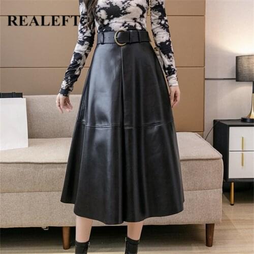 REALEFT 2021 New Autumn Winter Black PU Leather Womens Long Skirts with Belted High Waist A-line Skirt Mid-calf Umbrella Skirts
