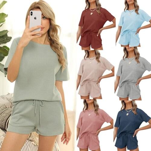 Womens Pajamas Solid Color Ribbed Short-sleeved Top with Shorts Sleepwear Plus Size Tee Shorts Suits Casual 2 Pieces Set Summer