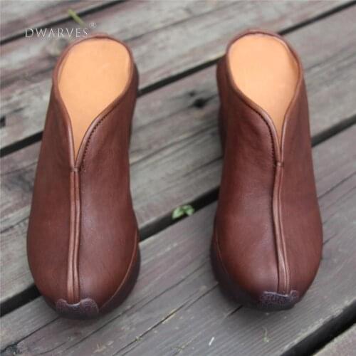 Womens Handmade Retro Leather Platforms Wedges Slippers Red/Coffee