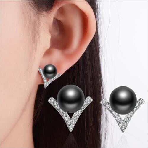 KOFSAC New Fashion Sterling Silver 925 Stud Earrings For Women Party Charming Micro-Inlay CZ V Shape Pearl Earring Jewelry Gifts