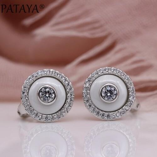 PATAYA New Promotion White Gold Ceramics Dangle Earrings Natural Zircon Women Wedding Fine Fashion Jewelry Round Unique Earring