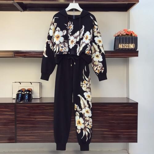 Plus size women spring hooded sweatshirt suit fashion personality flower print top and casual pants sports two piece set big 4XL