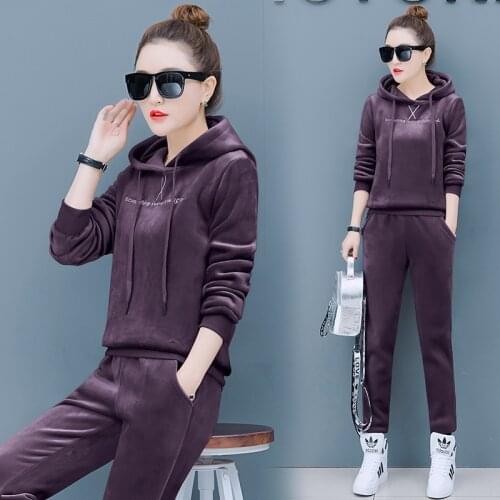 Women tracksuit sportswear female winter velvet warm suit sweatshirt hoodied+pants casual sports running jog workout set 2PCS