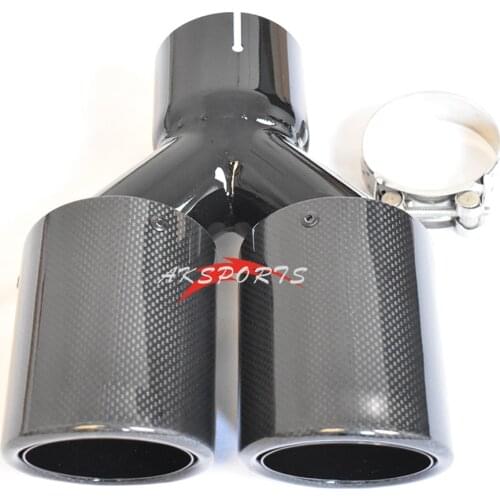 1PC Glossy Curly Carbon Stainless Steel Universal Dual tip Equal Length Muffler Pipe End tail Middle Exhaust Tip With A Logo