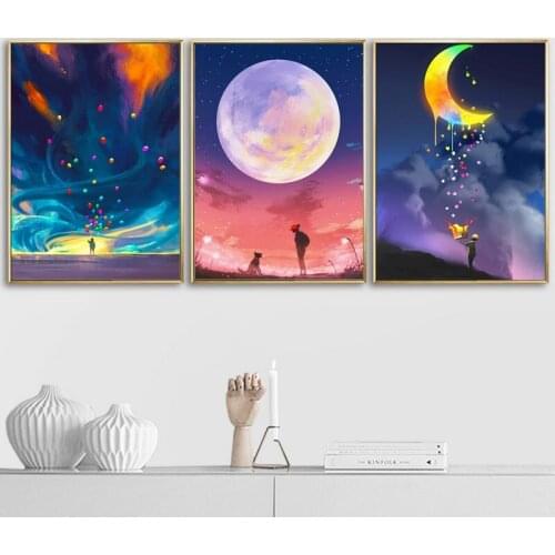 3pcs Balloon Moon Starry Canvas Painting Printed Nordic Wall Art Modular Watercolor Pictures for Kids Room Poster Home Decor