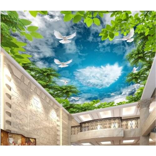 3d ceiling murals wallpaper custom photo Sky cloud tropical plant coconut tree white pigeon decor wallpaper in the living room