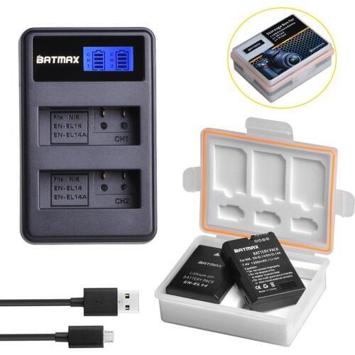 2Pcs EN-EL14 ENEL14 EL14A Camera Battery+LCD Dual USB Charger+Storage Box for Nikon P7800,D5300,D5200,D3200,D3300,D5100,D3100