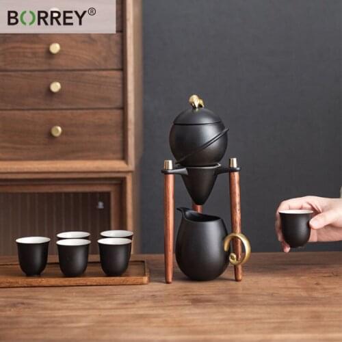 BORREY Japanese Style Lazy Tea Maker Automatic Tea Set Pu'er Oolong Teapot And Cup Cup ceramic Teapot With Base Gift Box Teaware