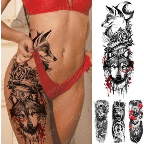 Large Arm Sleeve Tattoo Fox Moon Wolf Rose Waterproof Temporary Tattoos Sticker Lion Crown Waist Leg Body Art Fake Tatoo Women
