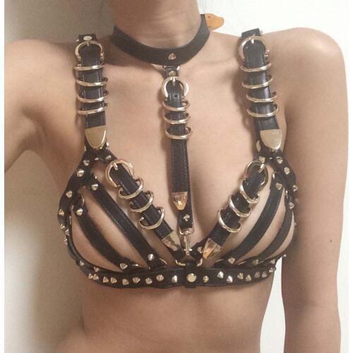 Handmade Punk Gothic Spiked Heavy Duty Metal Leather Black Harness Caged Bra Halter Choker Harness Cosplay Performance