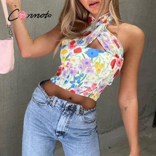 Conmoto Floral print summer corset crop top women 2021 Y2K sexy cami halter Casual backless sleeveless tank tops streetwear