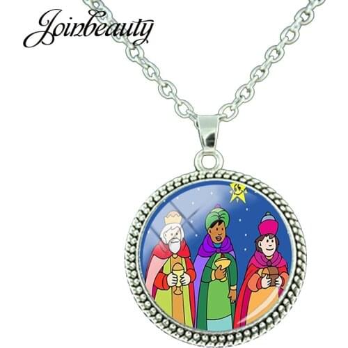 JOINBEAUTY Three Wise Man Kings Long Chain Round Glass Pendant Plated Necklaces Man Women Charms Jewelry Accessories TK10