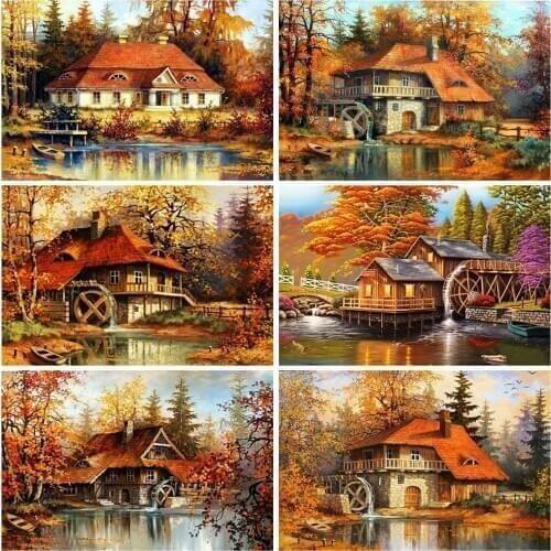 Evershine Diamond Painting House 5D DIY Diamond Embroidery Autumn Landscape Rhinestone Art Home Decor Gift