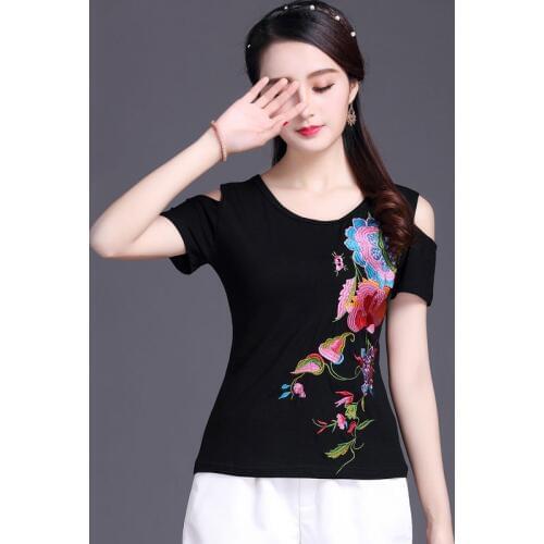 T Shirt Women Off shoulder Top Short sleeve 100% Cotton T shirt High quality Ethnic Embroidery Plus size Ladies Casual Black