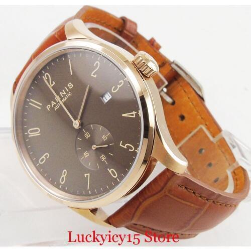 PARNIS ST Automatic Movement Men Watches Rose Gold Case 42mm Round Case Leather Strap