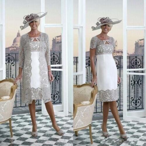 Lace Mother of the Bride Dresses 2 Pieces Scoop Neck Short Sleeves Mothers Dresses Formal Wedding Guest Gowns