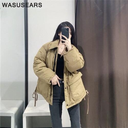 Bubble jacket 2020 women parkas solid color with pocket thick loose coat ladies button up winter coat women korean style